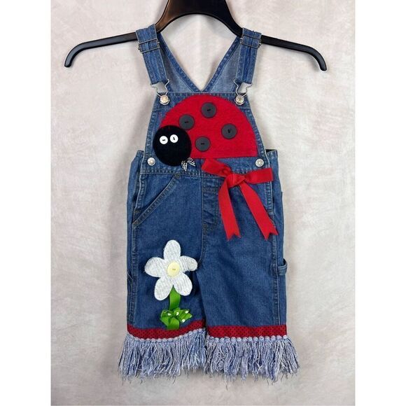 1990s Y2K Vintage Denim Ladybug Overalls Size 3T - Picture 1 of 6